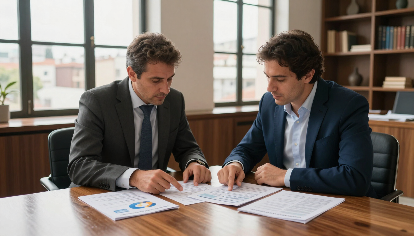 Dos hombres con traje revisan documentos en una mesa de madera, en una sala de reuniones con aspecto de oficina.
