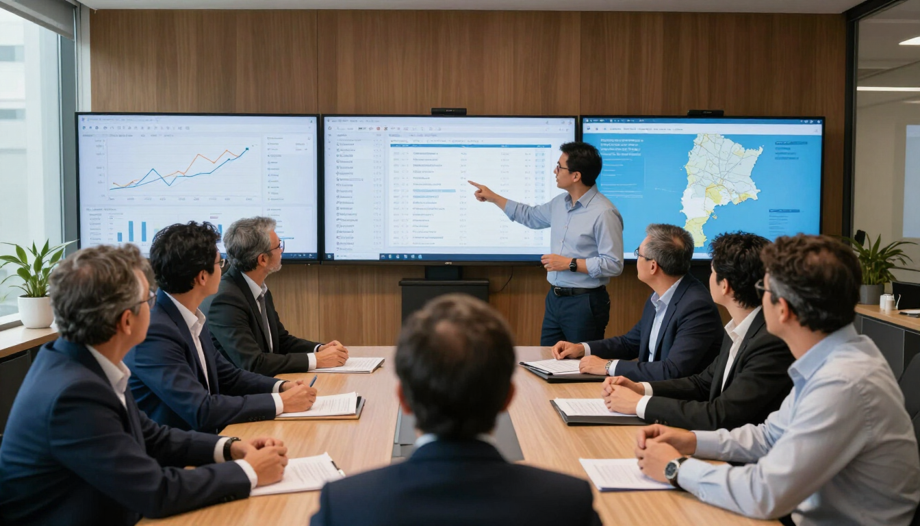 Reunión de negocios con un ponente señalando gráficos en dos pantallas en una sala de conferencias