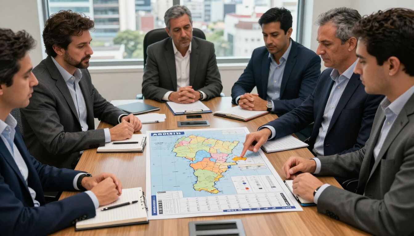Un equipo de trabajo reunido alrededor de una mesa, revisando un mapa colorido y unos documentos en una oficina luminosa.