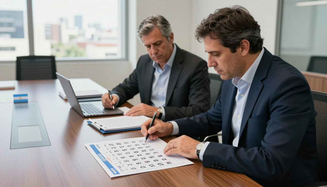 Dos empresarios con traje revisan documentos en una mesa de reuniones con un portátil en una oficina luminosa