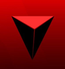 Fondo rojo con un logotipo triangular invertido negro y una cara superior de color rojo brillante