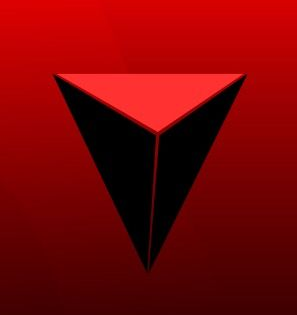 Fondo rojo con un logotipo triangular invertido negro y una cara superior de color rojo brillante