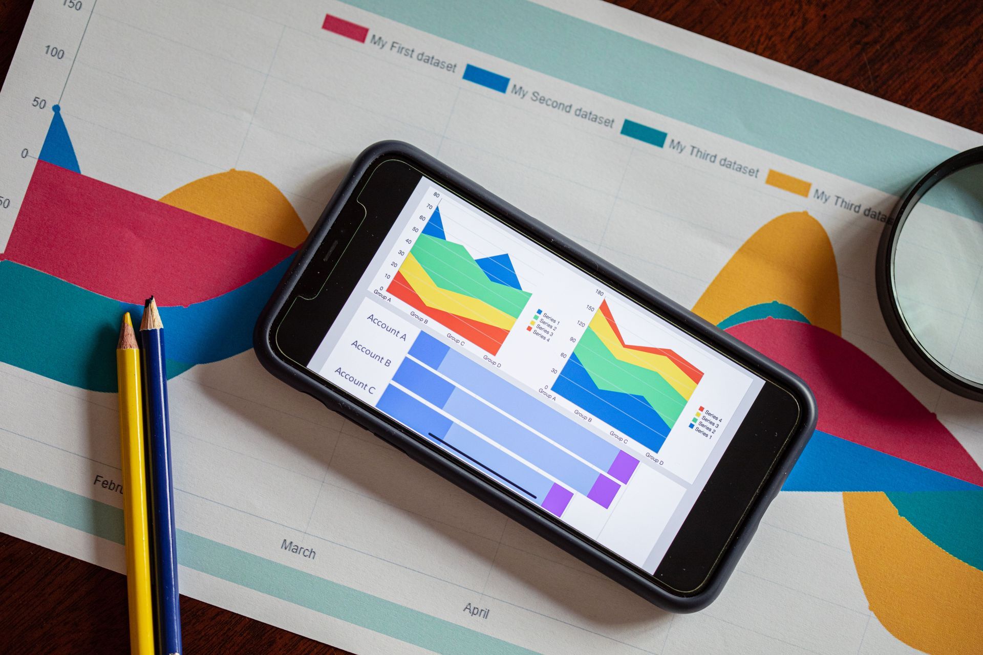 Un smartphone sobre gráficos coloridos con un lápiz, que muestra un gráfico multicolor sobre un escritorio