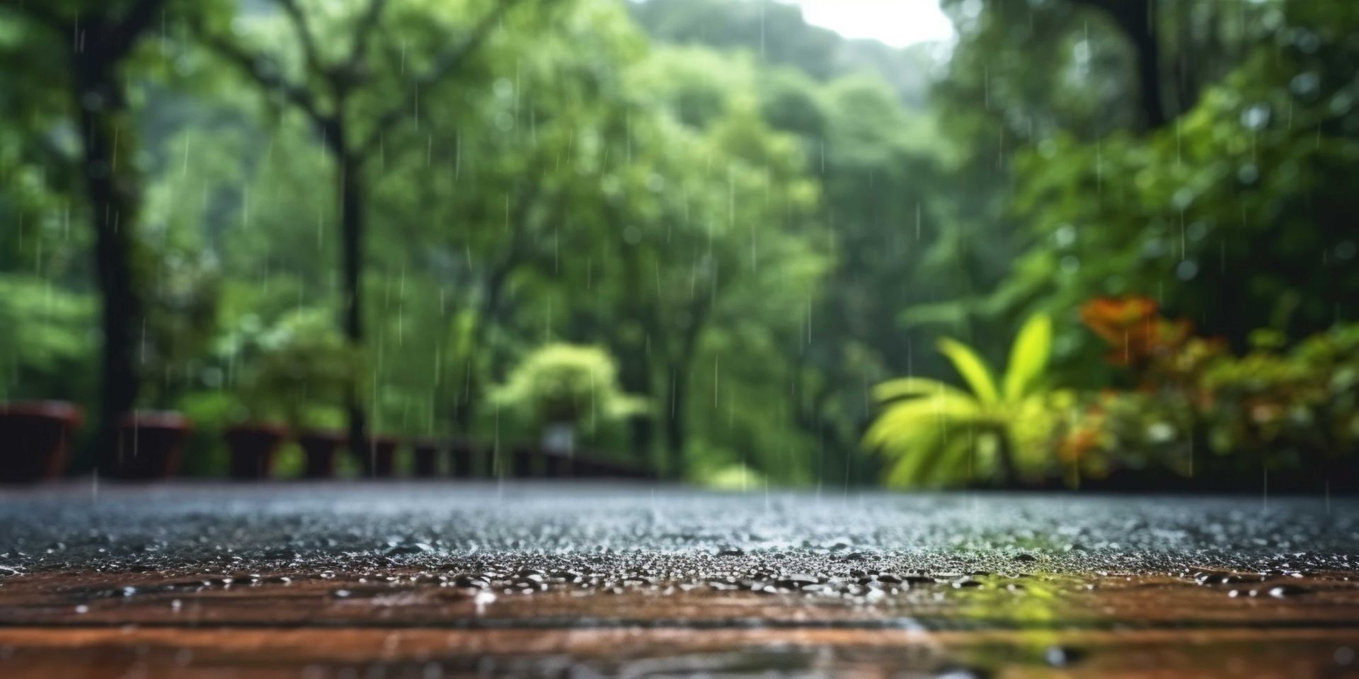 Rain-speckled road through a lush green park or forest, with wet pavement in the foreground