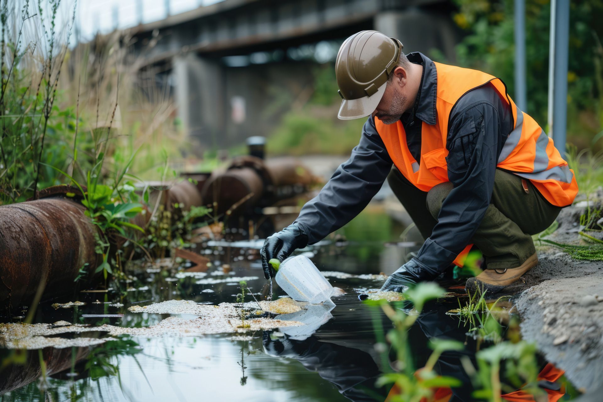 Worker in orange vest collecting trash from a polluted canal under a bridge