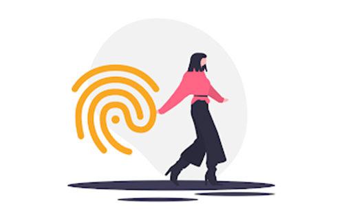A woman is walking with a fingerprint in her hand.