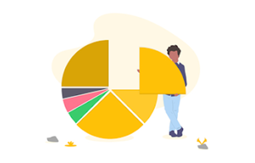 A man is holding a piece of a pie chart.