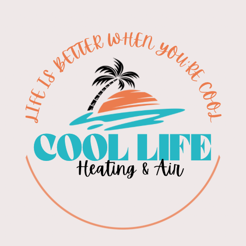 Cool Life Heating & Air logo with palm tree, sun, and orange and teal text.