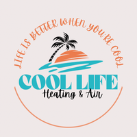 Cool Life Heating & Air logo with palm tree, sun, and orange and teal text.