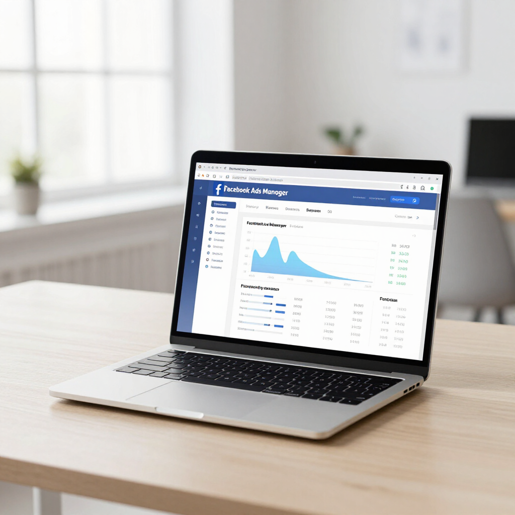 A modern workspace with a laptop displaying a Facebook advertising dashboard.