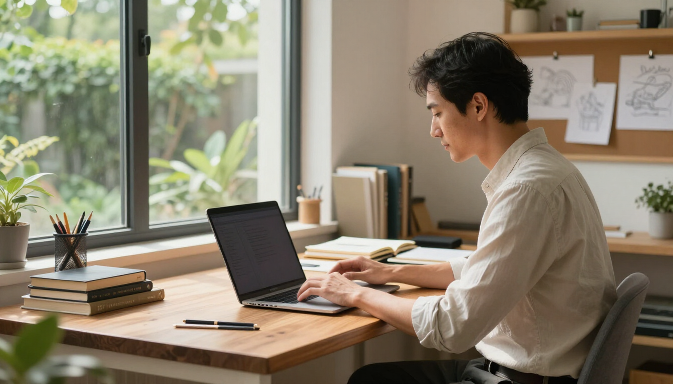 A professional writer creating SEO-optimised content on a laptop.