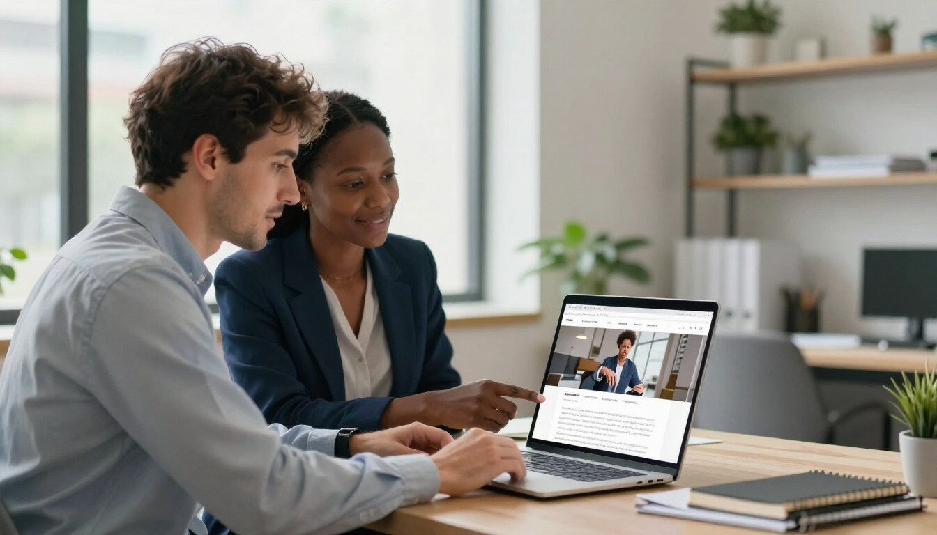Photorealistic business owner reviewing website content with a digital marketing specialist
