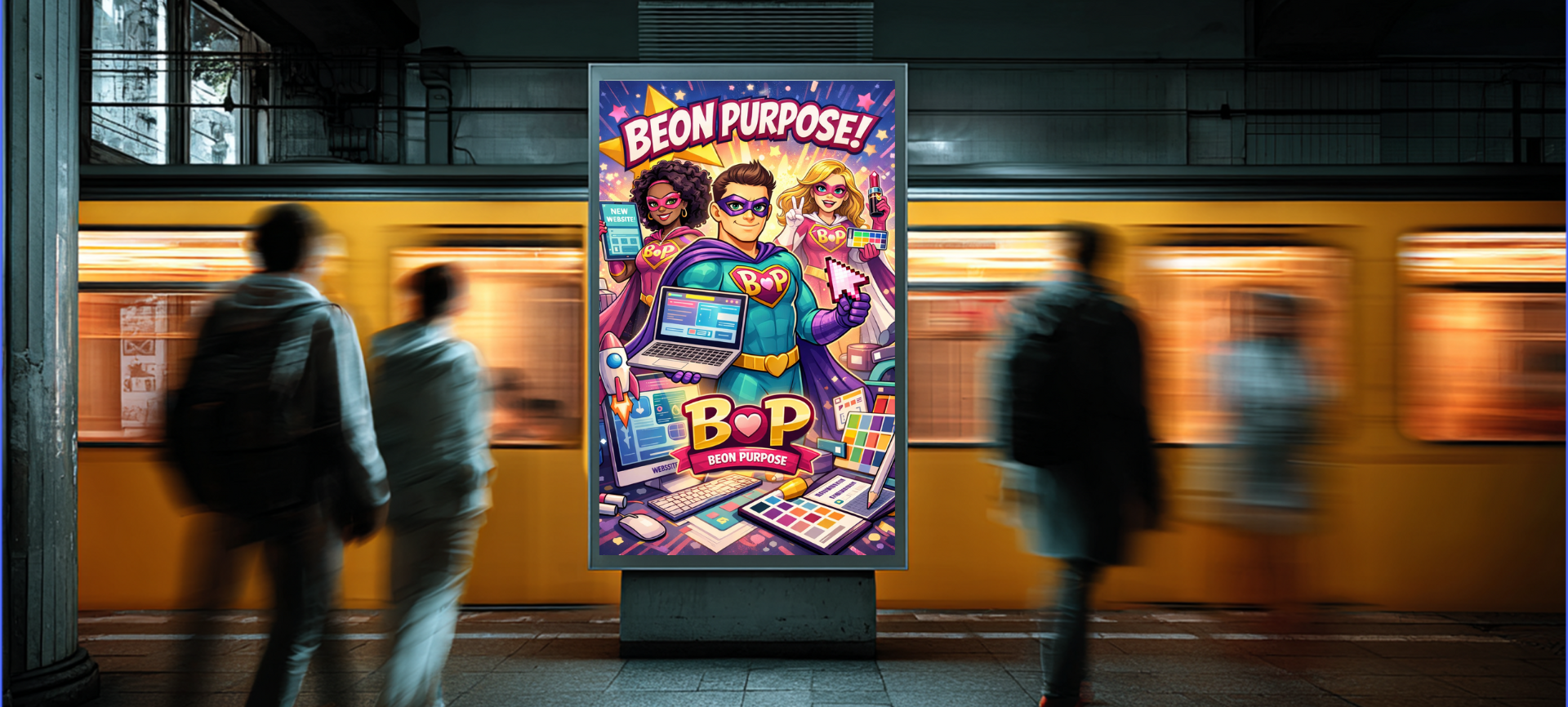 Colorful graffiti-style poster on a subway platform, with blurred commuters passing by train doors at night