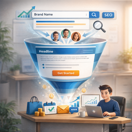 SEO marketing funnel with website dashboard, search icons, and a person working on a laptop at a desk