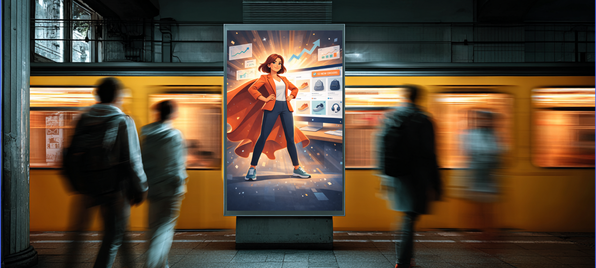Subway platform with blurred commuters passing a backlit ad of a dancer in orange, in a dark station