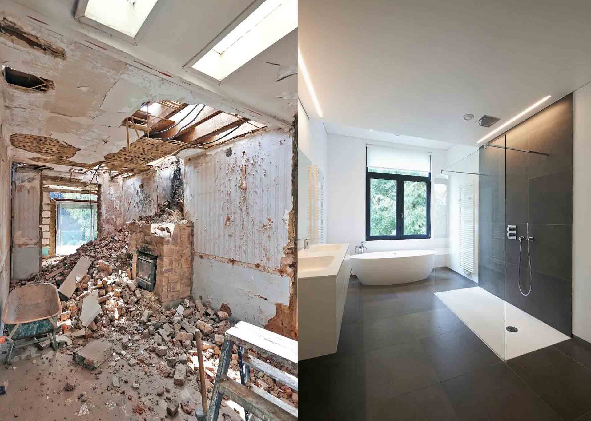 Vue avant/après d'une salle de bain rénovée. À gauche, on voit les débris de démolition. À droite, une salle de bain moderne et finie avec baignoire et douche.