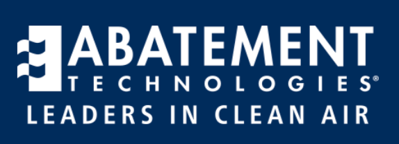 Logo d'Abatement Technologies, une entreprise de purification de l'air, avec texte blanc sur fond bleu. Le logo présente le nom, le slogan et un graphique représentant des ondes.
