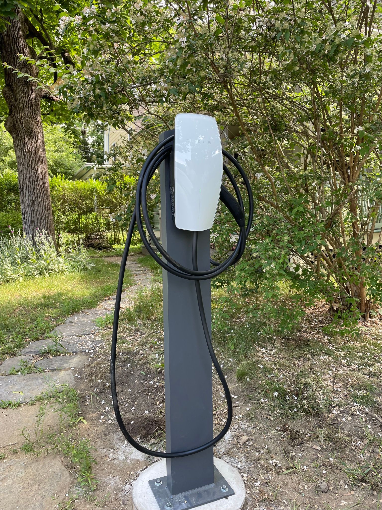 Electric vehicle charging station in a park setting, with a black cable hanging from a white unit on a gray post.
