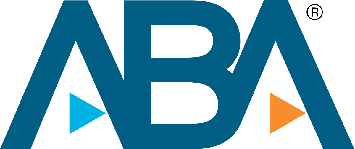 Logo of ABA, blue with an orange and blue triangle.