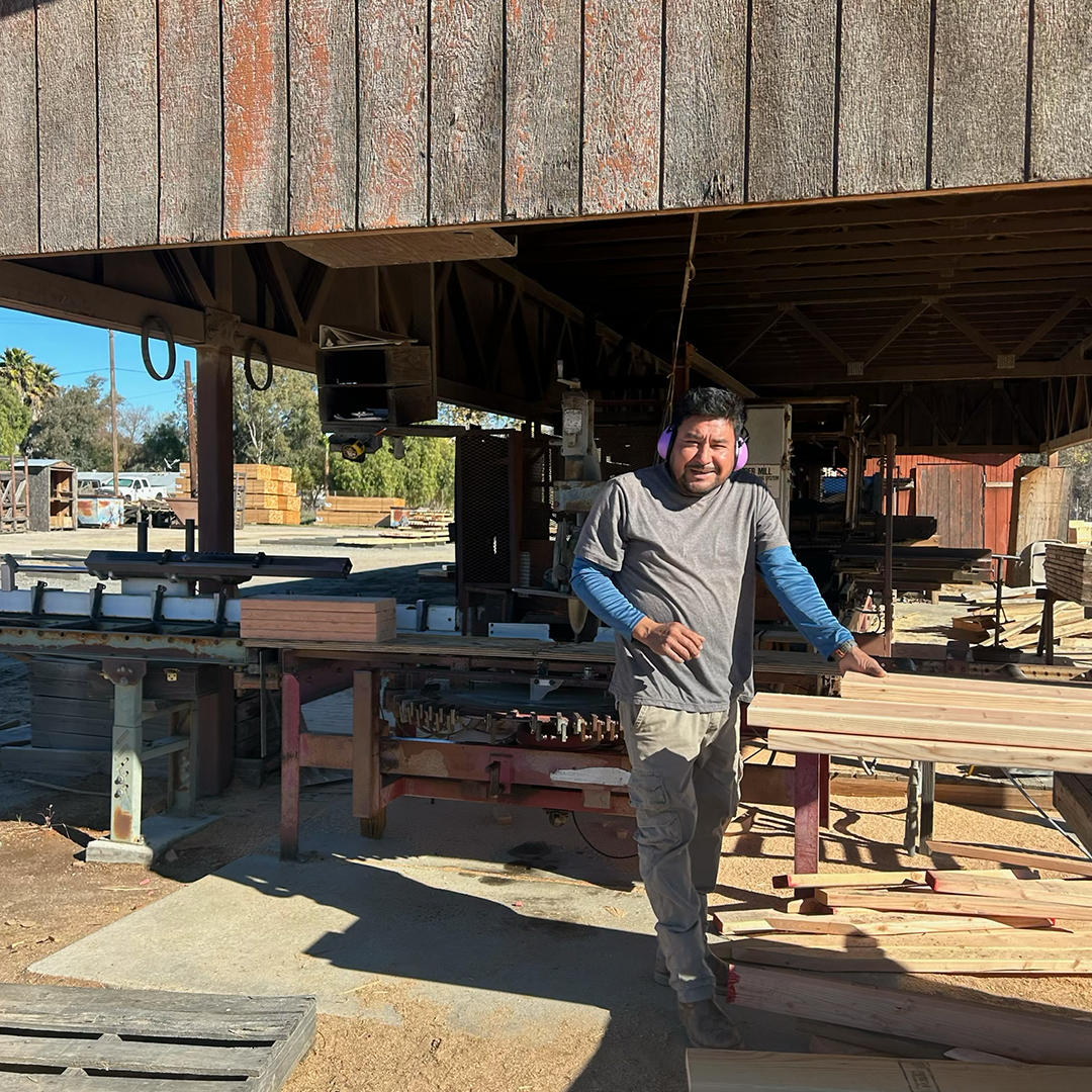 Man at a lumber mill, wearing ear protection, stands near wooden planks and machinery under a shed.
