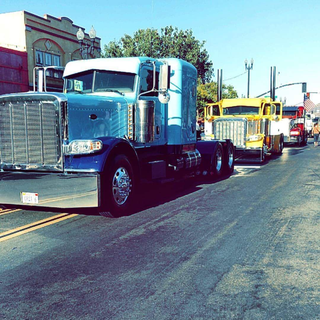 Line of semi-trucks parked on a street; a blue truck is in the foreground.