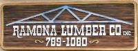 Sign for Ramona Lumber Co. with a blue roof truss, text in white, and phone number 789-1080.