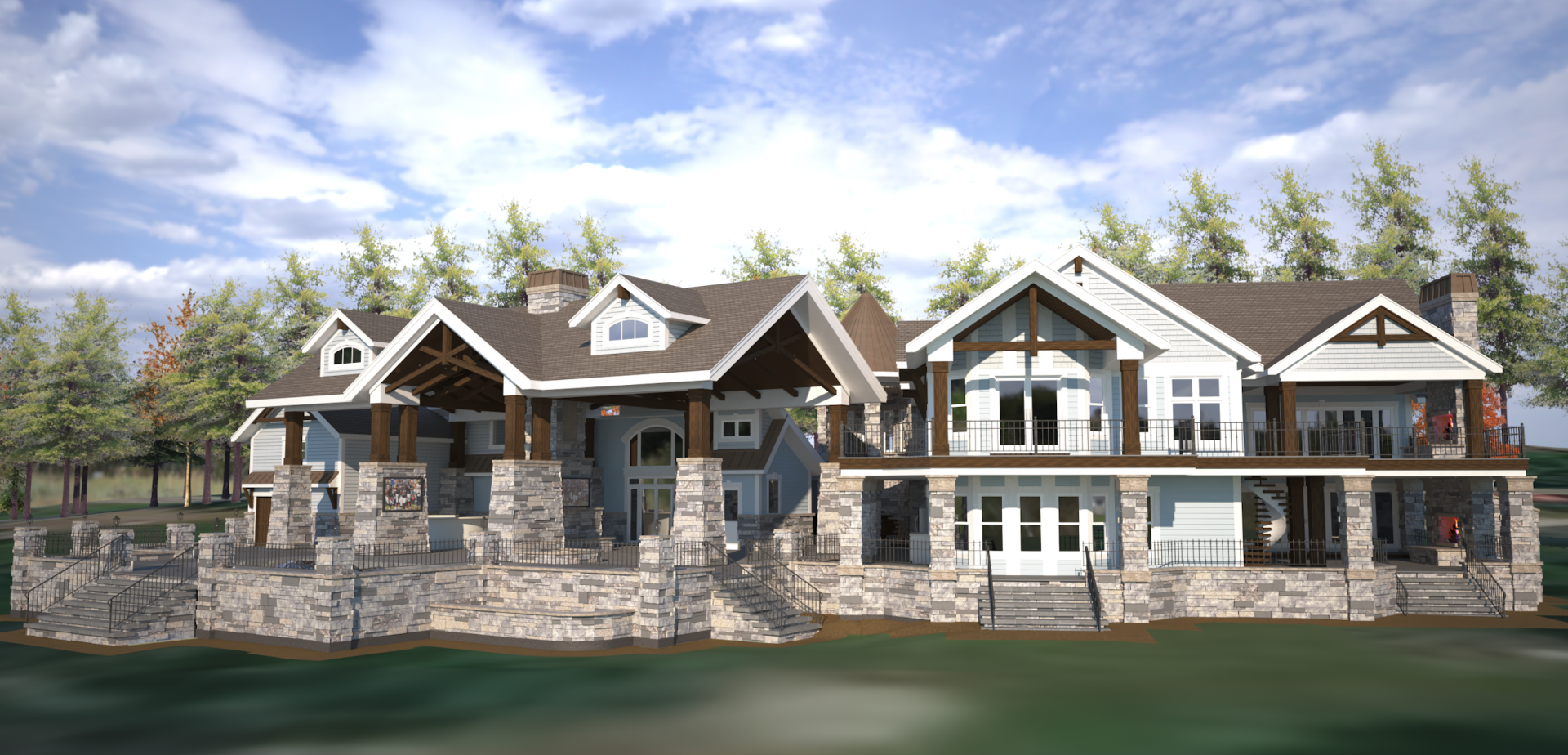 A large house is sitting on top of a hill next to a body of water.