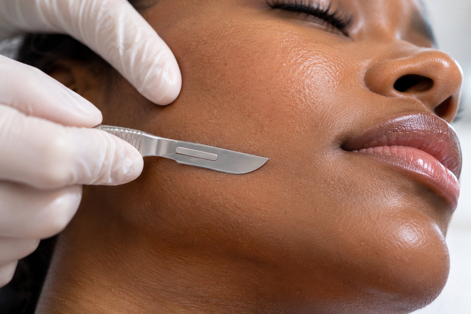Gloved hand using a dermaplaning tool on a woman’s cheek in a skincare treatment