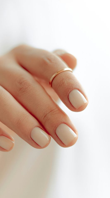 Close-up of a hand with nude-painted nails and a gold ring on a finger
