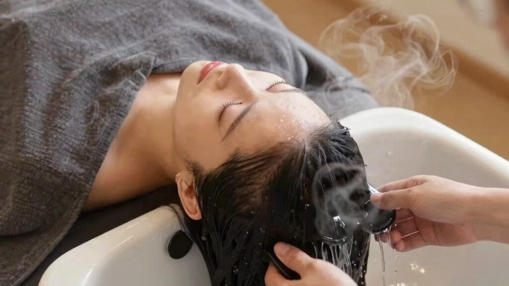 Hair being rinsed at a salon sink by a stylist's hands, with water flowing over the client's dark hair.