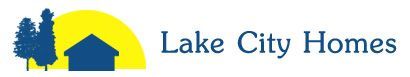 The logo for lake city homes shows a house and trees.