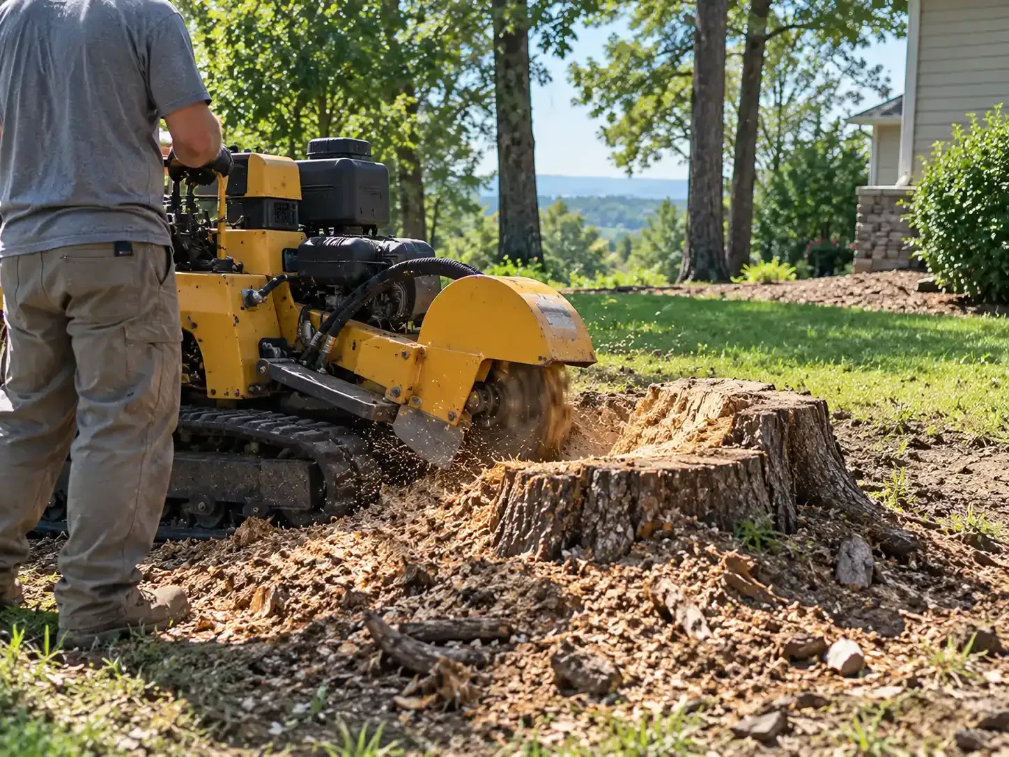 Person using a yellow stump grinder to remove a tree stump in a wooded yard