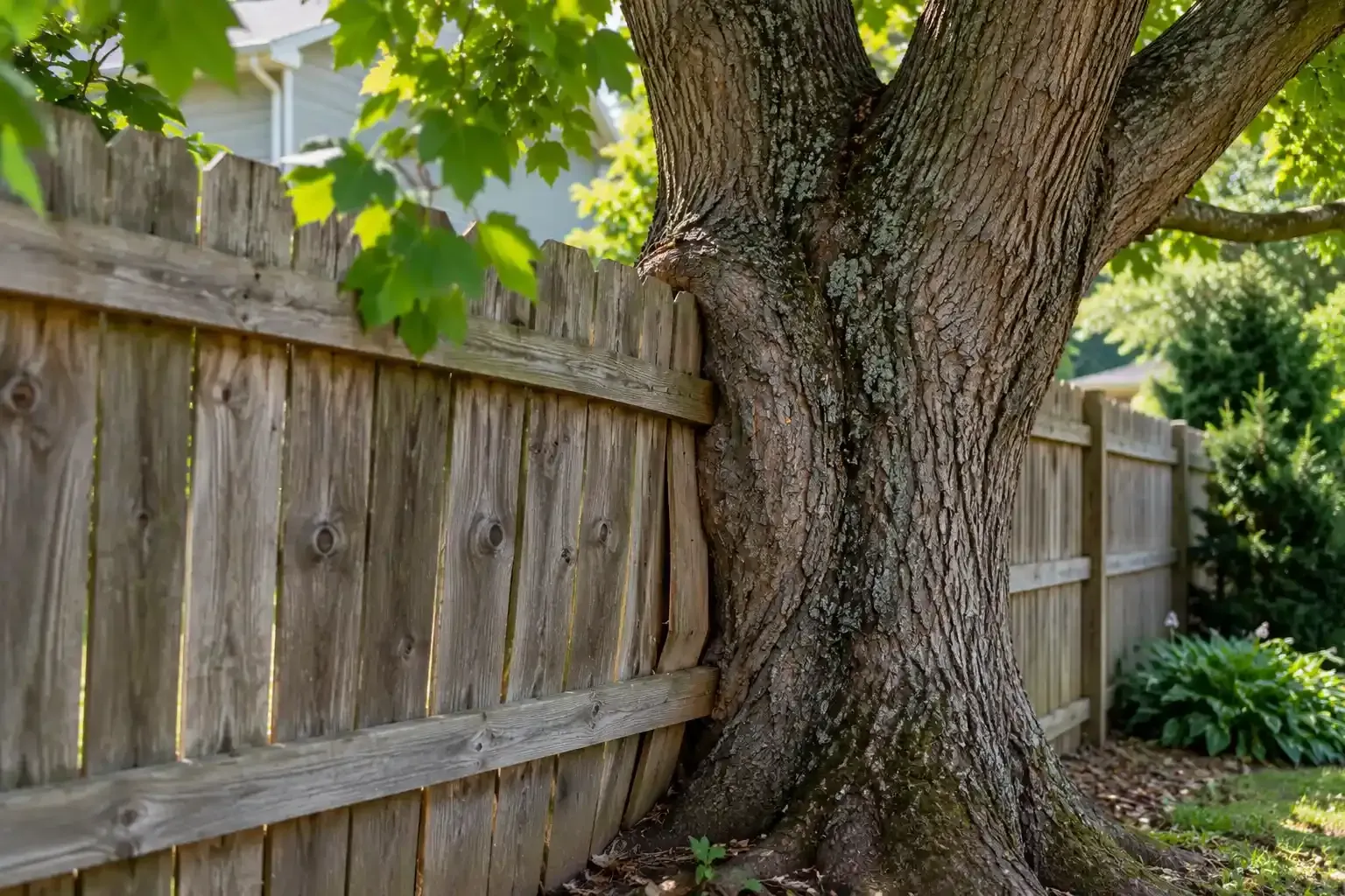 Large tree growing into wooden fence in a leafy yard.