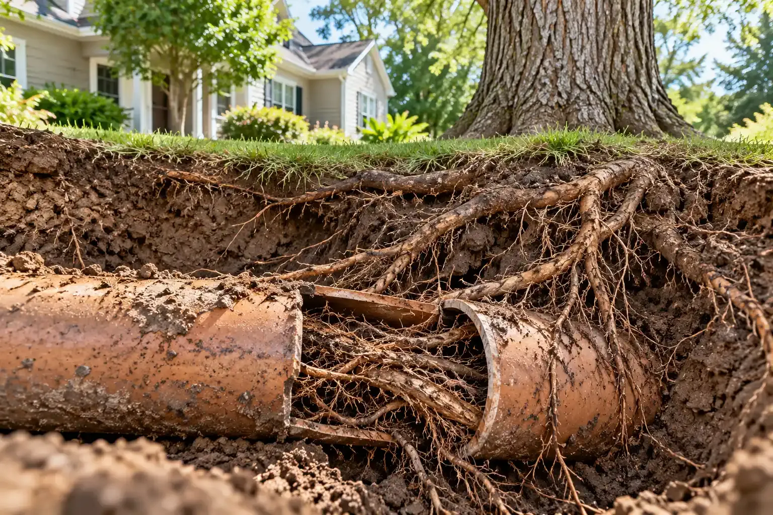Exposed tree roots over a cracked sewer line in a yard near a house