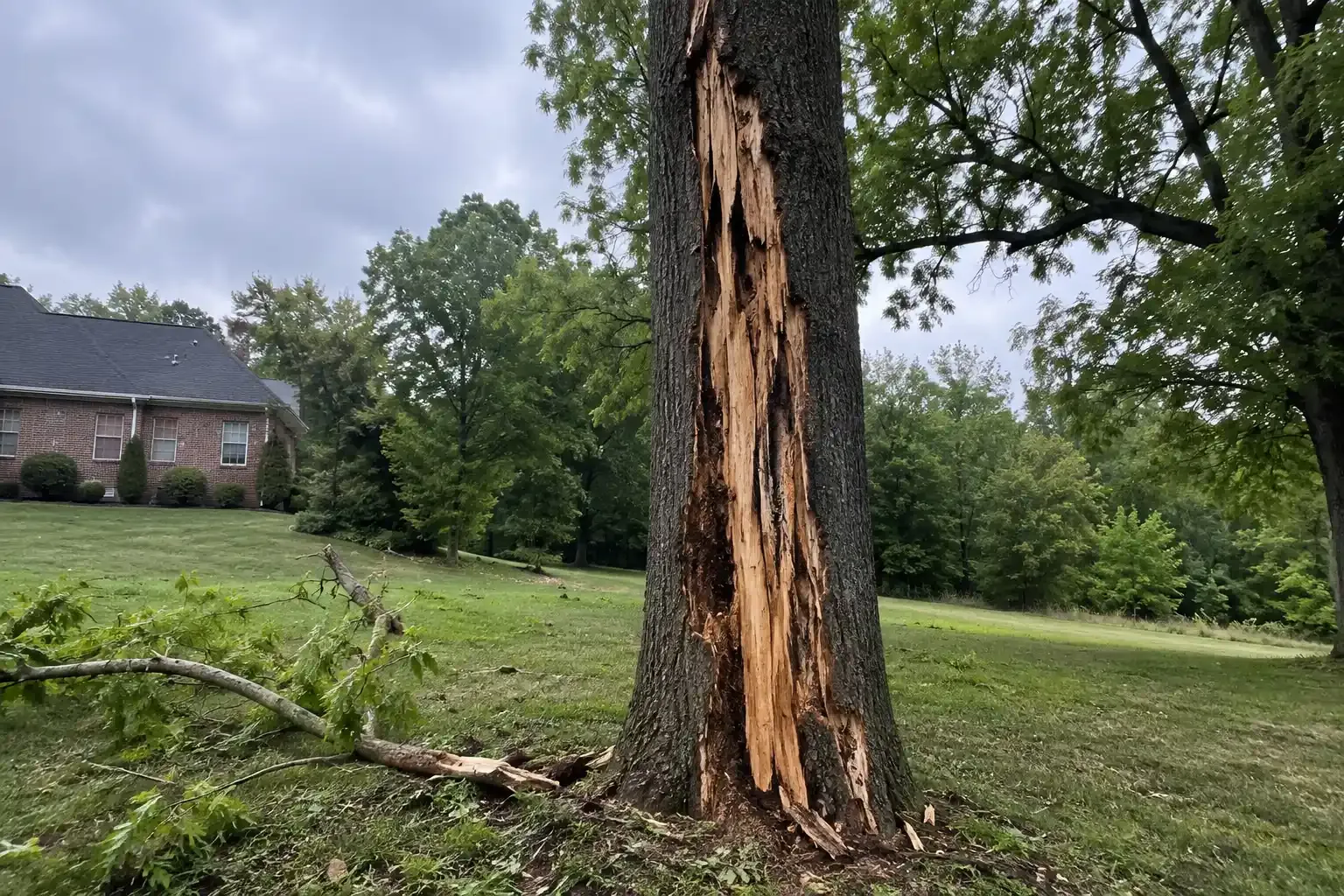 Tree struck by lightning, with a house in the background