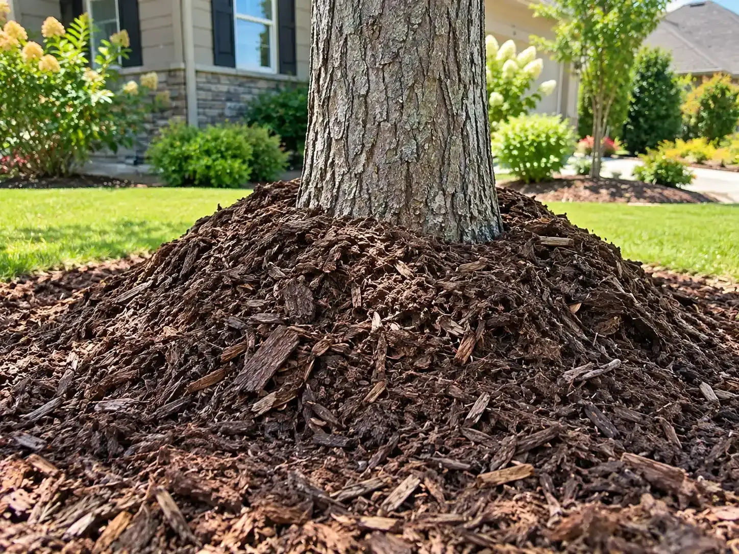 Mulched tree trunk in a sunny front yard with a house and green lawn in the background