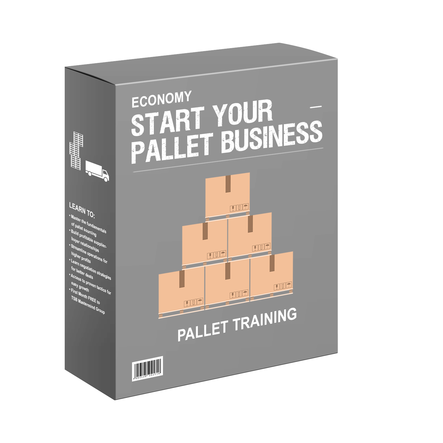 A box that says `` economy start your pallet business '' on it.