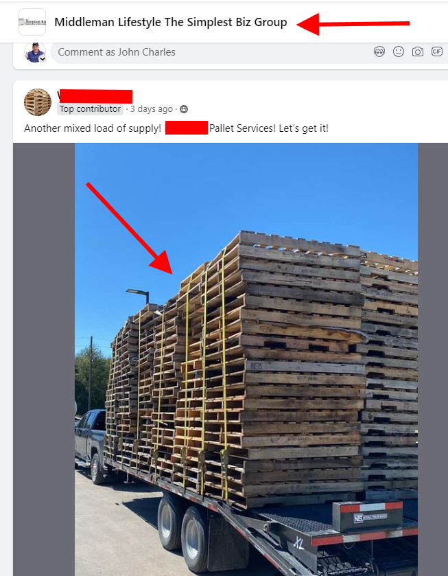 A truck is carrying a stack of wooden pallets on a trailer.