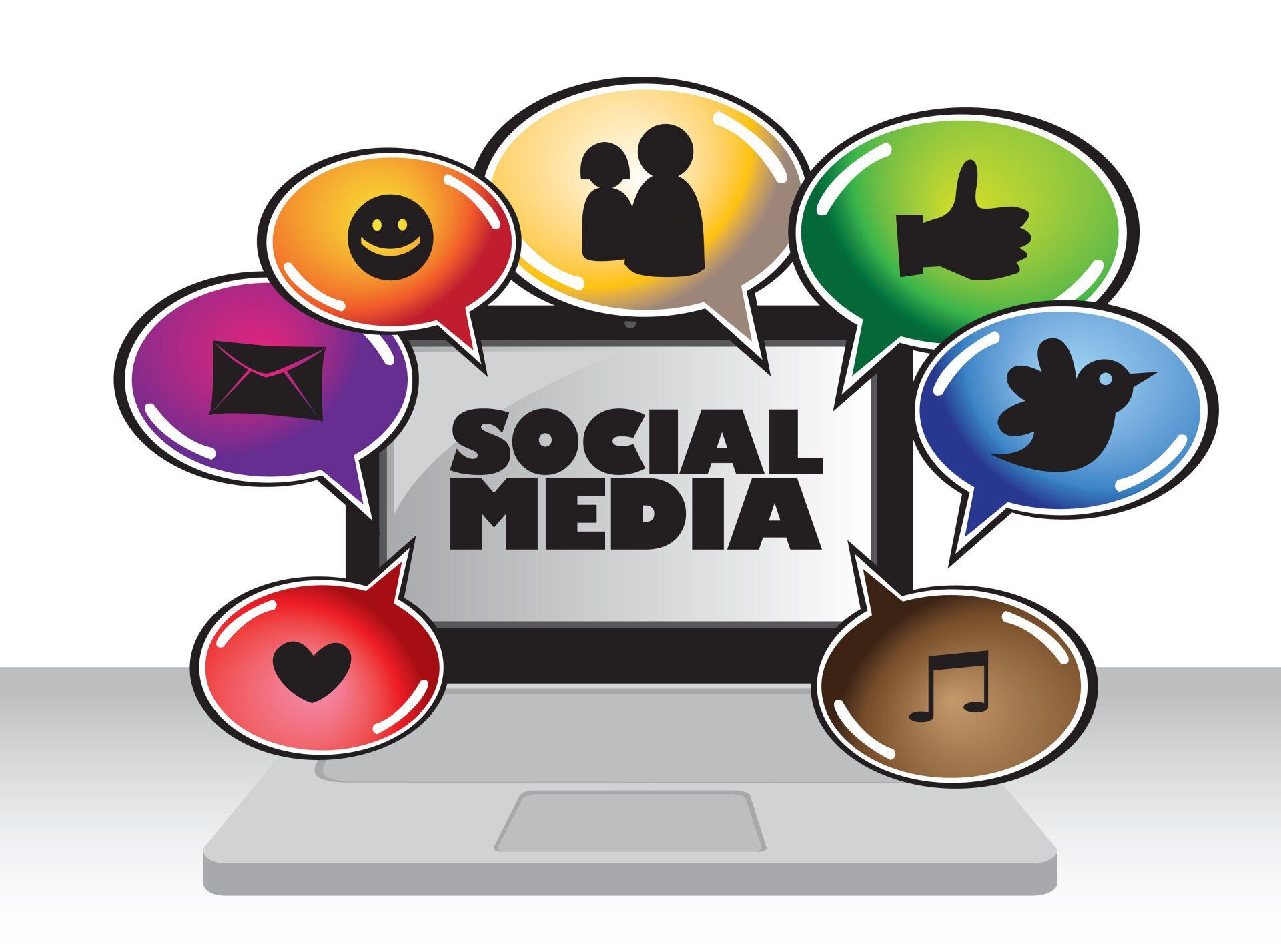 social media graphic with thought bubbles, hearts, happy faces thumbs up, tweet, music