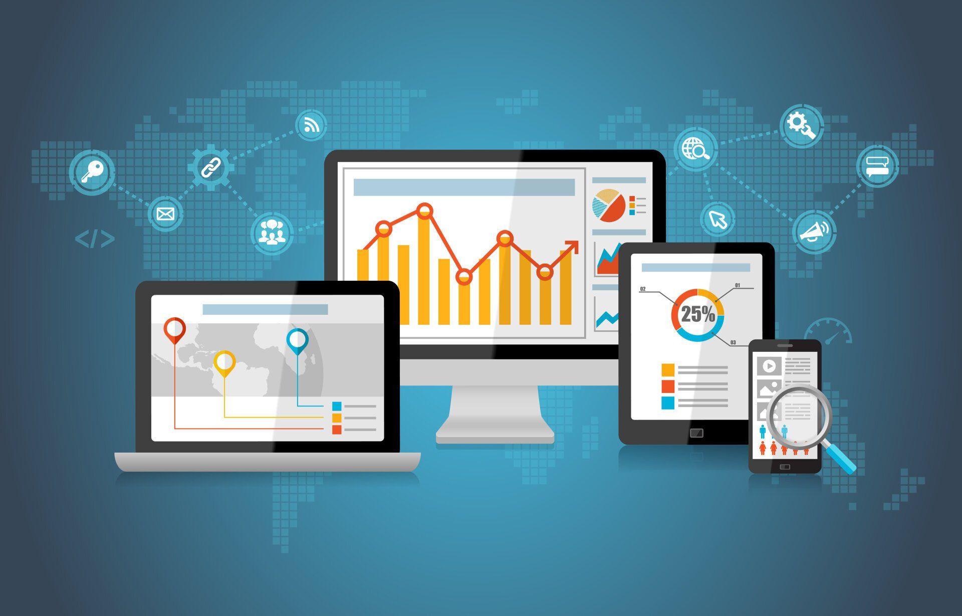 SEO graphics on laptop, desktop, mobile