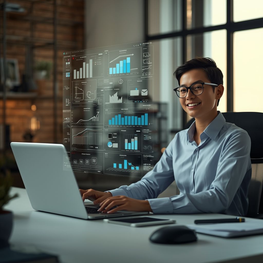 Small business owner using AI marketing tools on a laptop with analytics dashboard, SEO data
