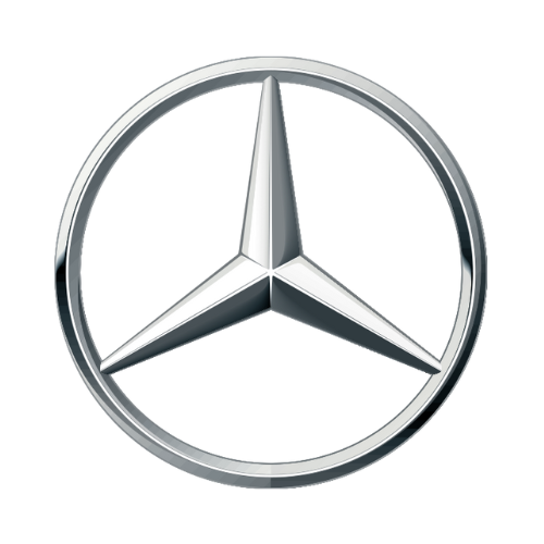 Mercedes-Benz logo: Silver three-pointed star inside a silver circle.