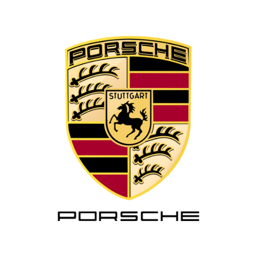 Porsche logo: gold shield with black horse, red and black stripes, 