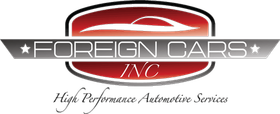 Logo for Foreign Cars Inc. with car silhouette, text 