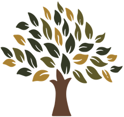 Stylized tree with brown trunk and green and gold leaves on a white background