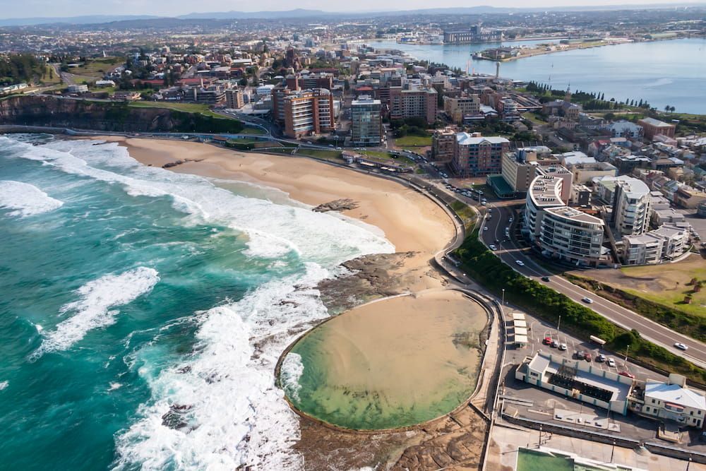 Aerial View of Newcastle Beach and the Newcastle Ocean Baths — Roof Restoration Masters In Newcastle, NSW