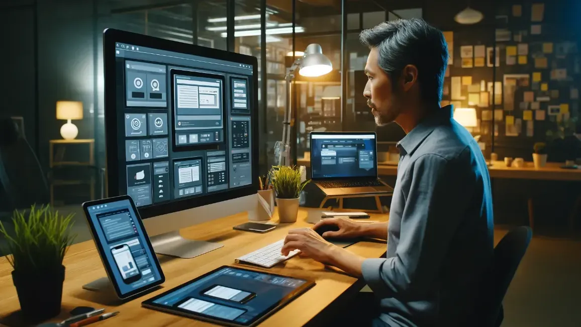A man is sitting at a desk working on a computer.