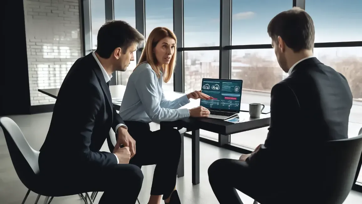 A group of people are sitting at a table looking at a laptop.
