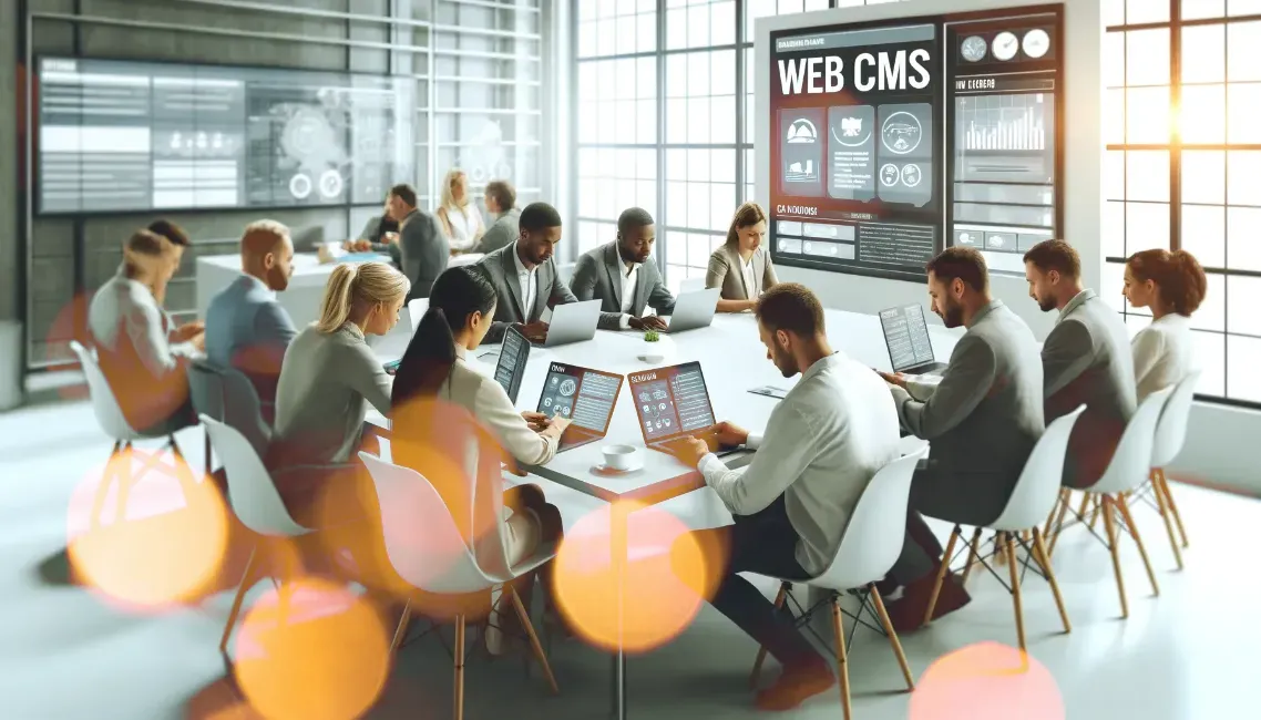 A group of people are sitting around a table with laptops.
