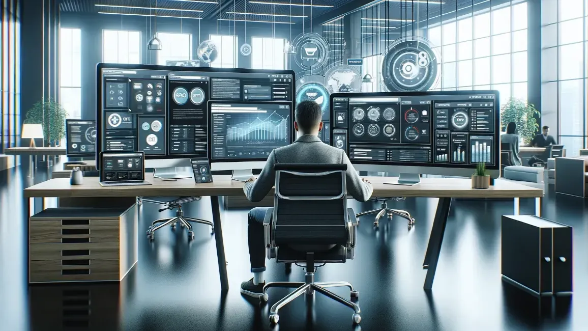 A man is sitting at a desk in front of three computer monitors.